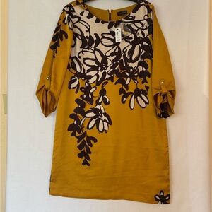 The Limited Mustard and Dark Brown Floral Long Sleeve Dress NWT Size Medium